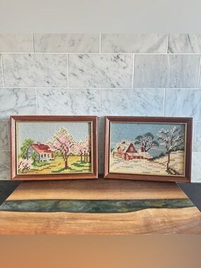Vintage Pair of Small Framed Needlepoint Art of Spring and Winter Landscapes